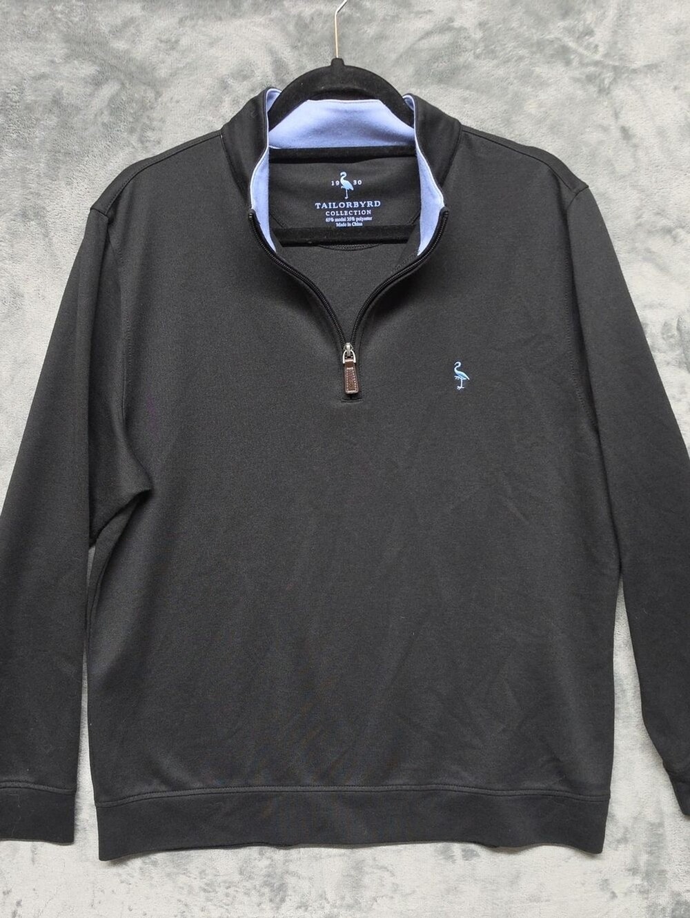 Tailorbyrd Black Quarter-Zip Pullover with Light Blue Trim and Flamingo Logo sz